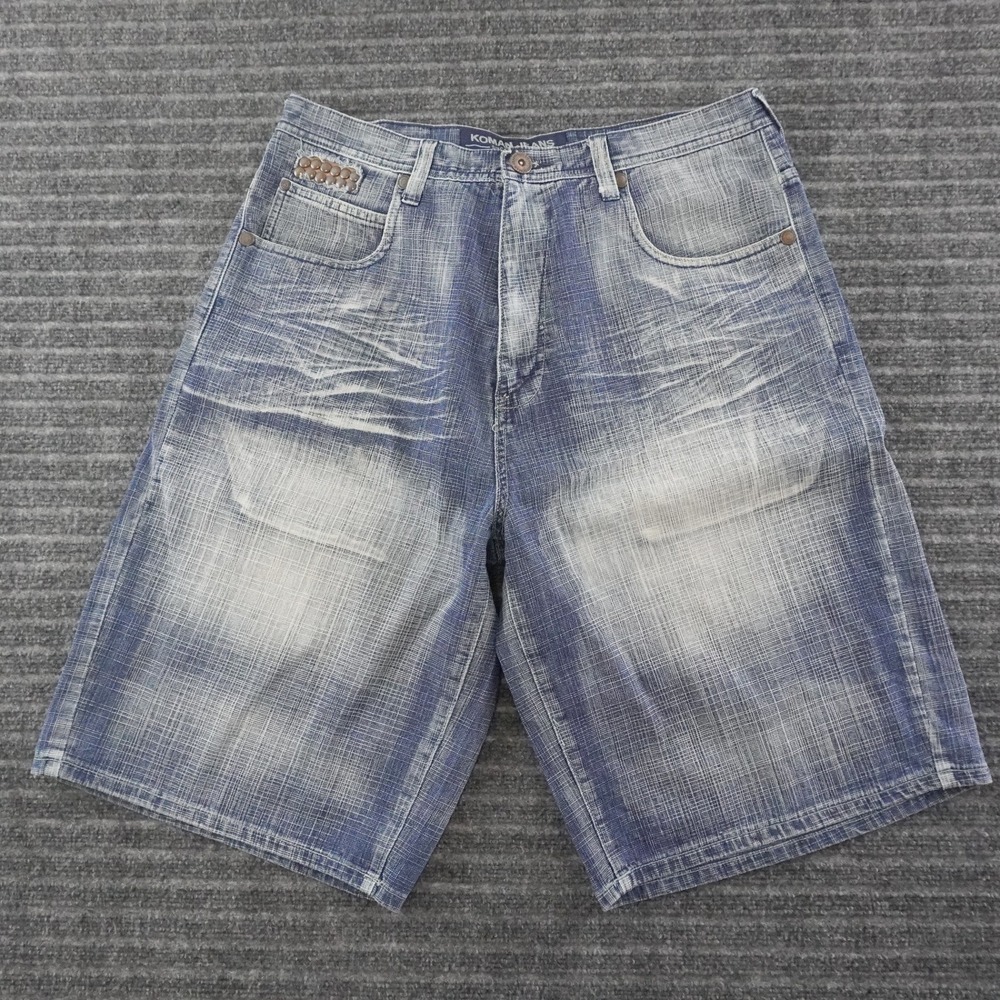 Koman Jeans Denim Shorts Mens 36 Blue Studded Baggy Y2K Crosshatch Wash